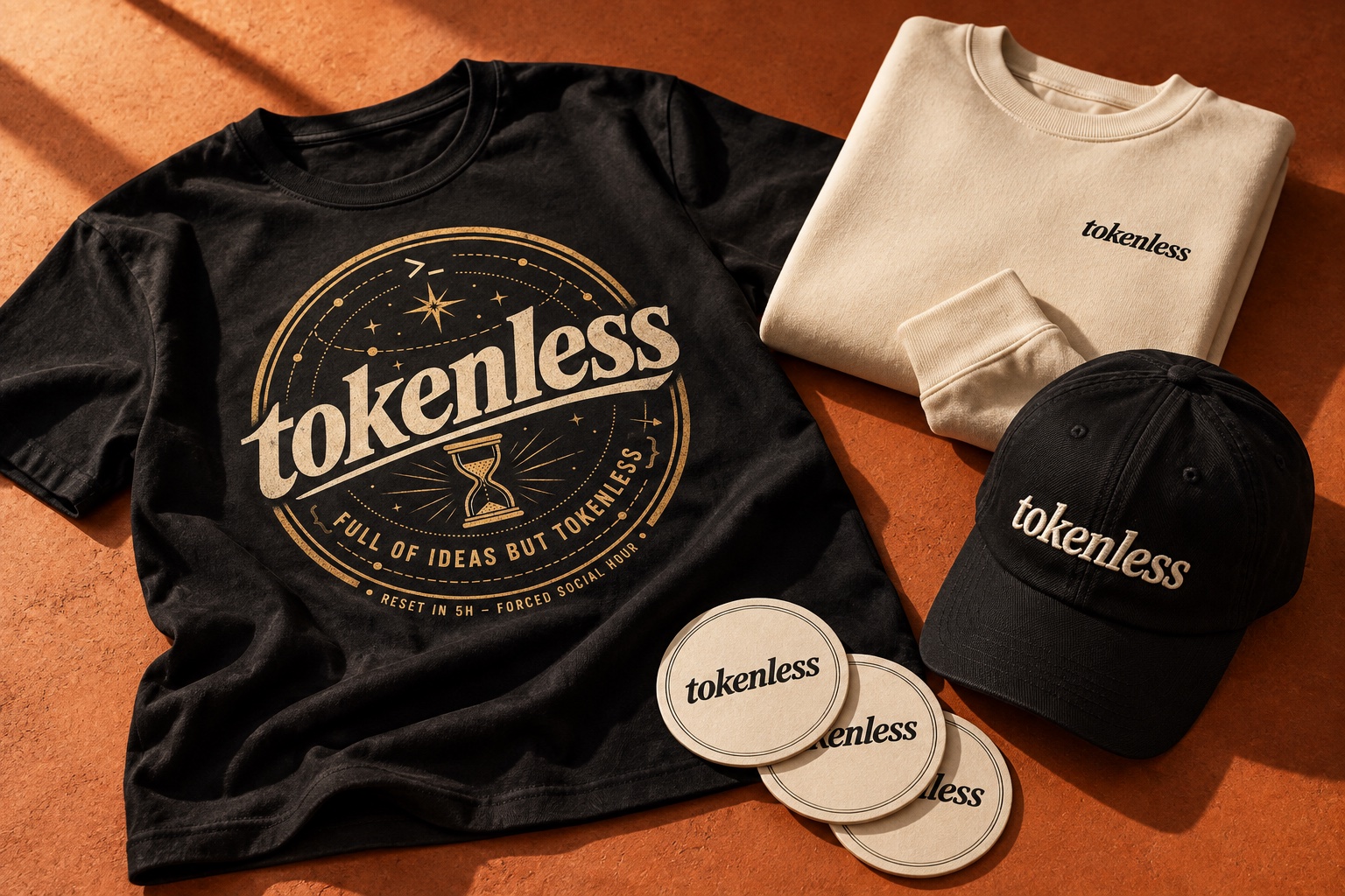 Designvorschau: schwarzes tokenless T-Shirt, cremefarbener Sweater, schwarze Cap und Bierdeckel auf orangefarbenem Untergrund